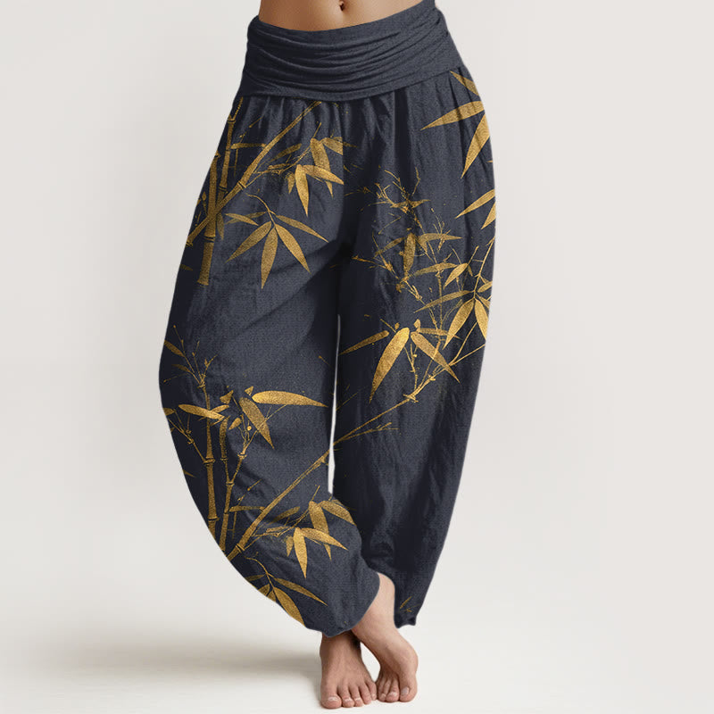 Buddha Stones Harembroek voor dames met elastische Taille , klassiek bamboepatroon, 100% Cotton - Middernachtblauw - US16, UK/AU20, EU48 (3XL) - image 5