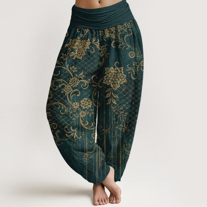 Buddha Stones Harembroek voor dames met elastische Taille , klassiek bloemen- en bladmotief van 100% Cotton - Donkergroen - US16, UK/AU20, EU48 (3XL) - image 0