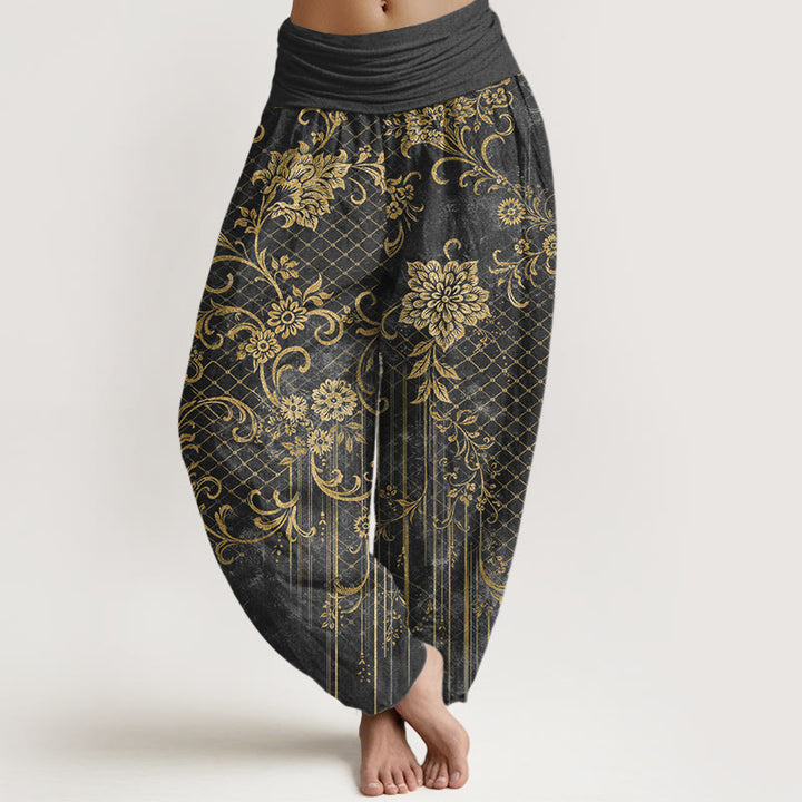 Buddha Stones Harembroek voor dames met elastische Taille , klassiek bloemen- en bladmotief van 100% Cotton - Donkergrijs - US16, UK/AU20, EU48 (3XL) - image 5