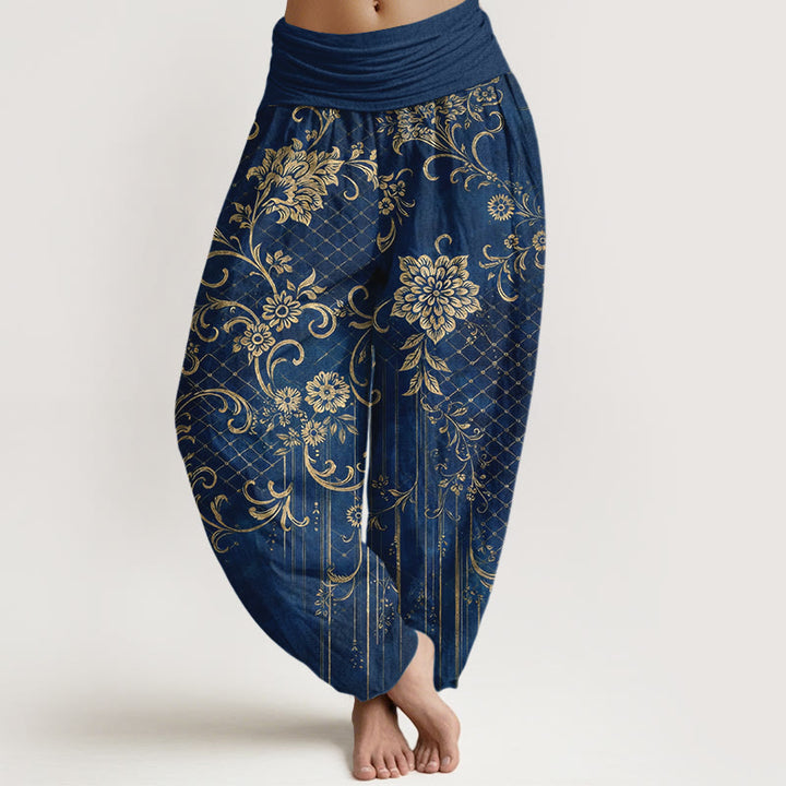 Buddha Stones Harembroek voor dames met elastische Taille , klassiek bloemen- en bladmotief van 100% Cotton - Donkerblauw - US16, UK/AU20, EU48 (3XL) - image 8