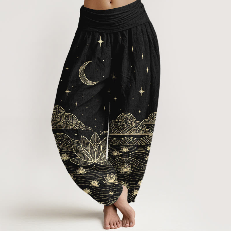 Buddha Stones Elegante damesharembroek met elastische Taille, van 100% Cotton, met maan-, sterren-, wolken-, lotusbloem- en waterrimpelingpatroon. - Zwart - US16, UK/AU20, EU48 (3XL) - image 0