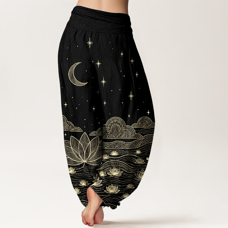 Buddha Stones Elegante damesharembroek met elastische Taille, van 100% Cotton, met maan-, sterren-, wolken-, lotusbloem- en waterrimpelingpatroon. - image 1