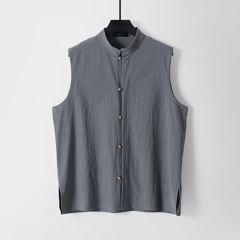 Buddha Stones Zomers effen, Mouwloos vest met opstaande kraag voor heren van katoen en linnen - Grijs - US/UK/AU54, EU64 (9XL) - image 0