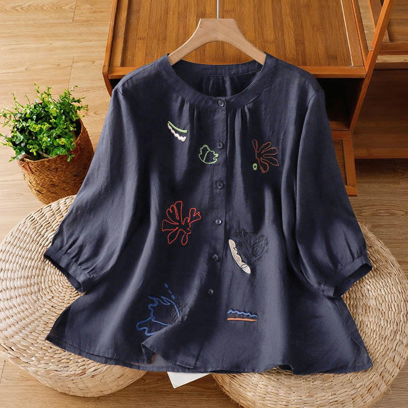 Buddha Stones Damesoverhemd van polyester met ronde Mouwlengte en korte mouwen, met koraalpompoenpatroon - Middernachtblauw - US8-10，UK/AU12-14，EU40-42 (2XL) - image 0