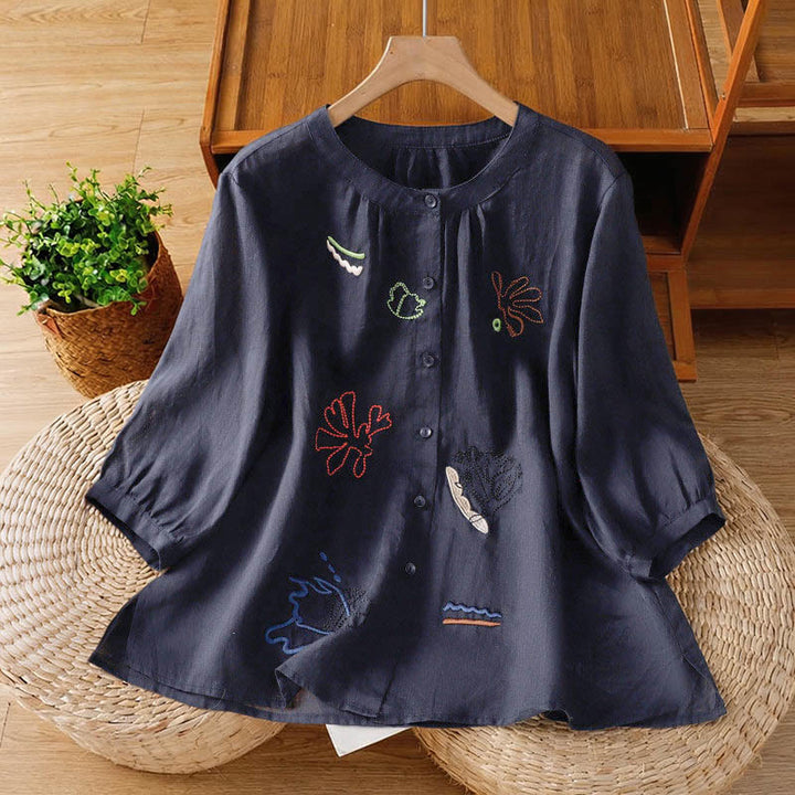 Buddha Stones Damesoverhemd van polyester met ronde Mouwlengte en korte mouwen, met koraalpompoenpatroon - Middernachtblauw - US8-10，UK/AU12-14，EU40-42 (2XL) - image 0
