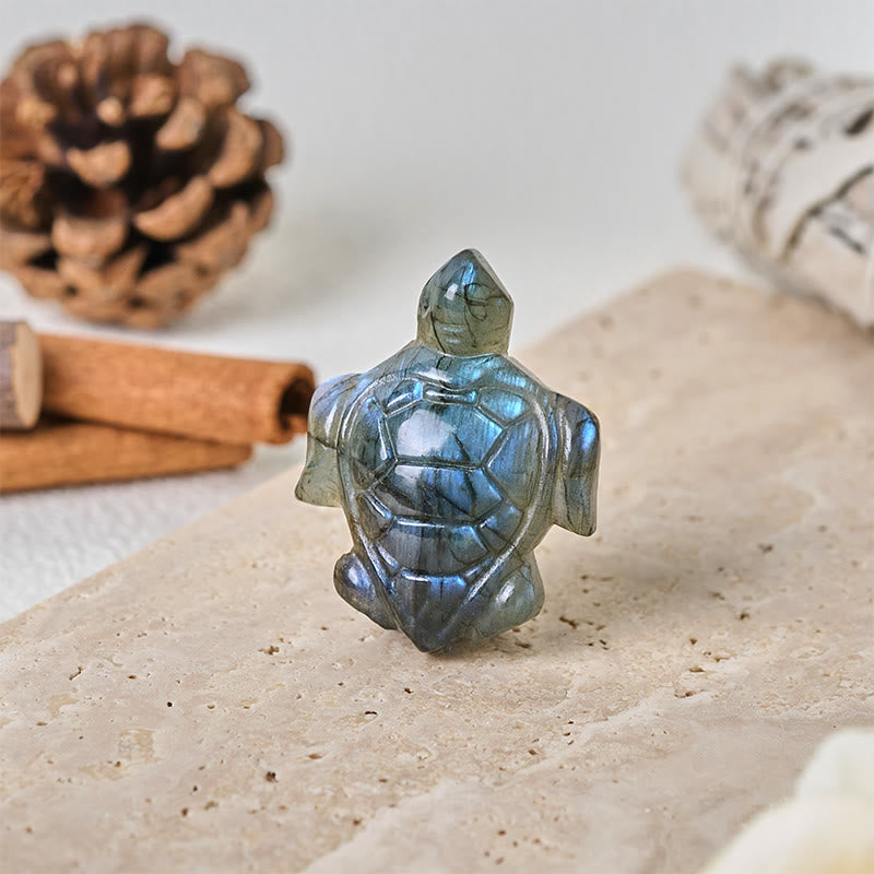 Buddha Stones Schildpadbeeldje van natuurlijke labradoriet, symbool van wijsheid, bescherming en woondecoratie. - image 1