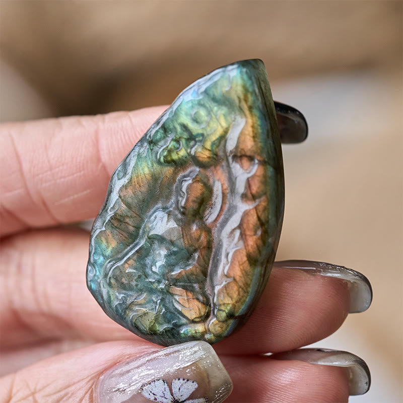 Buddha Stones Gegraveerd Boeddhabeeldje van natuurlijke labradoriet in traanvorm, geschikt als genezingsbeeldje voor thuisdecoratie. - Gele Boeddha 3,5*3,5*0,8 cm - image 0