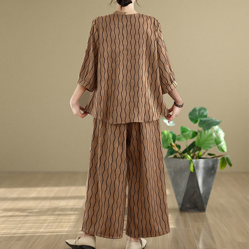 Buddha Stones Set van 2 stuks gestreept shirt met Korte mouw van polyester en harembroek ( Lengte 7) met zakken - image 3