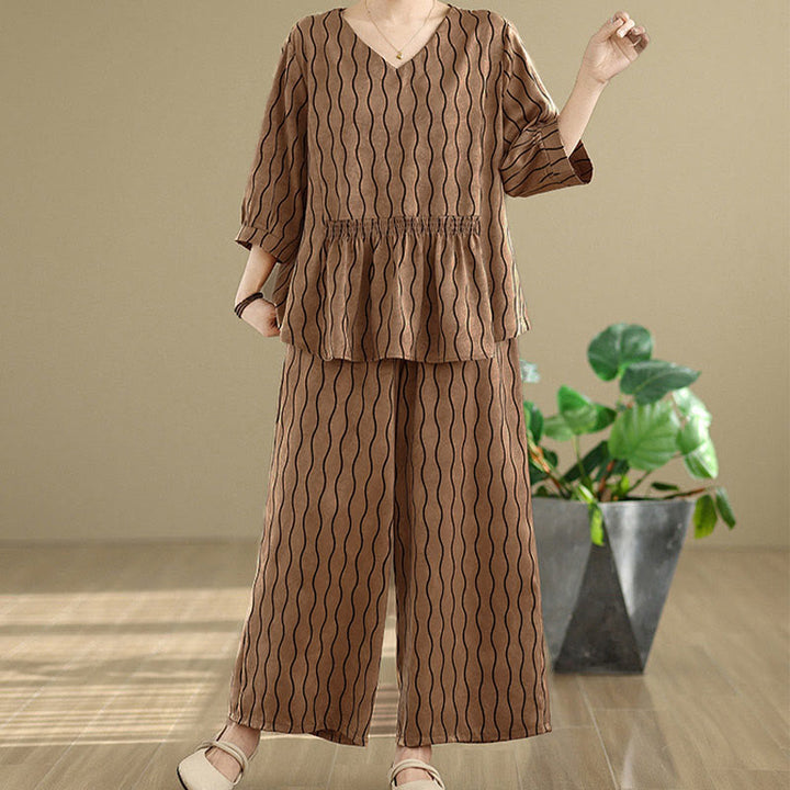 Buddha Stones Set van 2 stuks gestreept shirt met Korte mouw van polyester en harembroek ( Lengte 7) met zakken - Peru - US12, UK/AU16, EU44 (3XL) - image 0