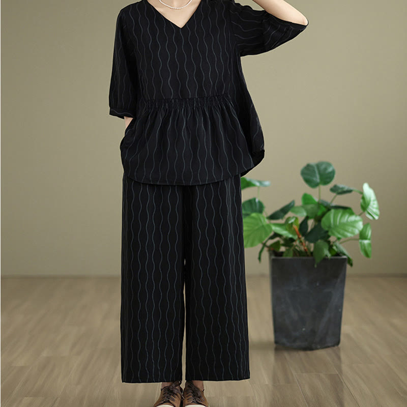 Buddha Stones Set van 2 stuks gestreept shirt met Korte mouw van polyester en harembroek ( Lengte 7) met zakken - image 13