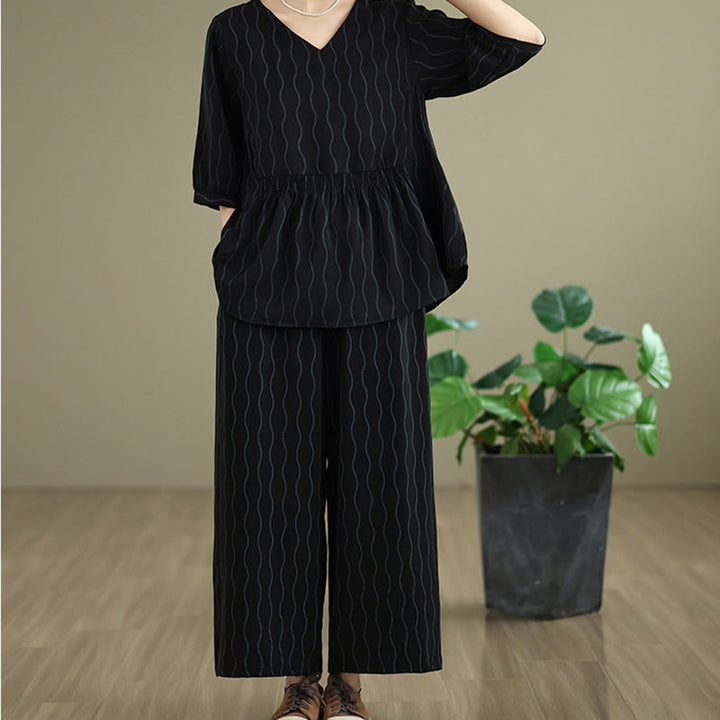 Buddha Stones Set van 2 stuks gestreept shirt met Korte mouw van polyester en harembroek ( Lengte 7) met zakken - image 13