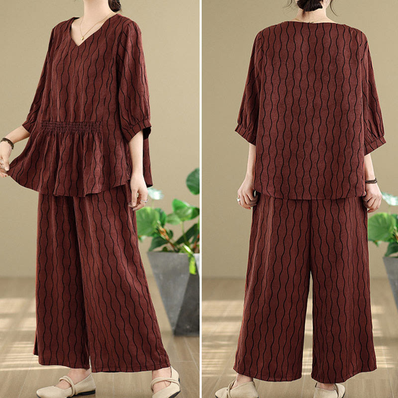 Buddha Stones Set van 2 stuks gestreept shirt met Korte mouw van polyester en harembroek ( Lengte 7) met zakken - image 27