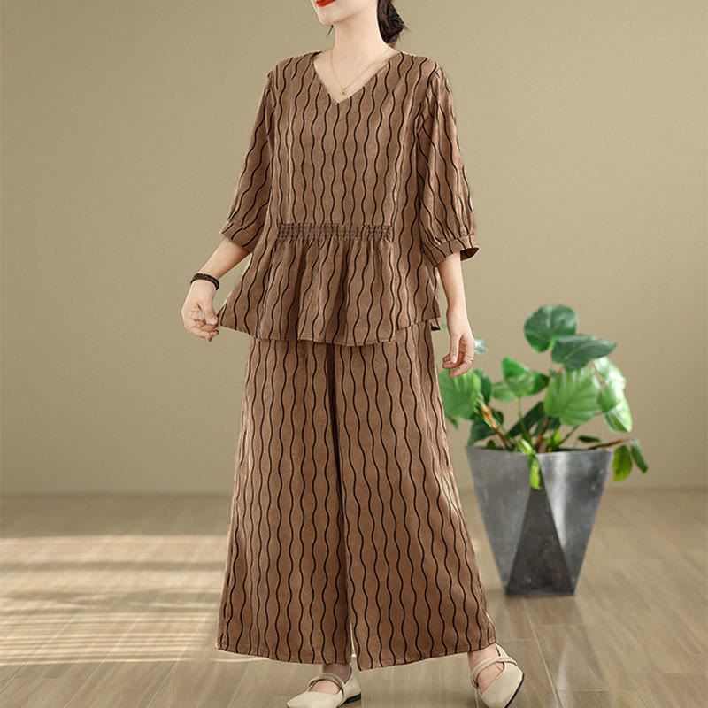 Buddha Stones Set van 2 stuks gestreept shirt met Korte mouw van polyester en harembroek ( Lengte 7) met zakken - image 1