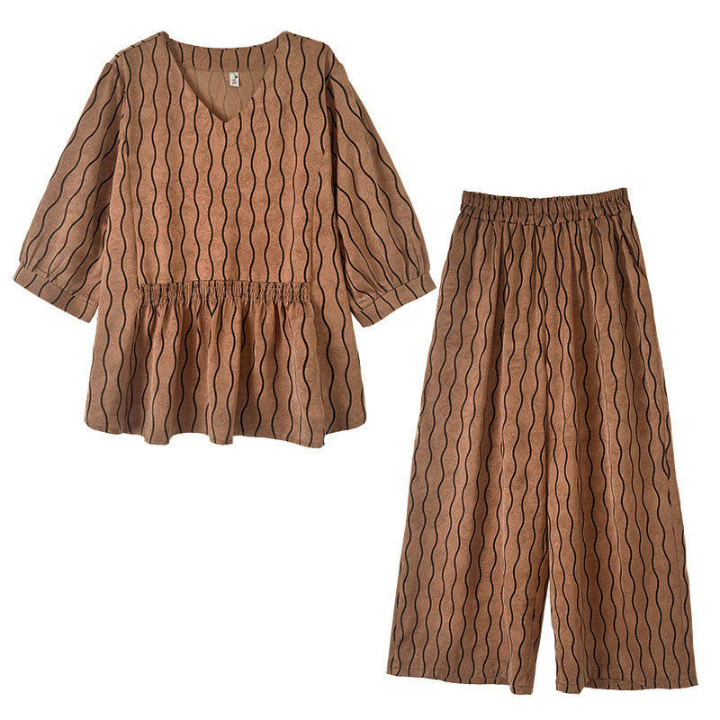 Buddha Stones Set van 2 stuks gestreept shirt met Korte mouw van polyester en harembroek ( Lengte 7) met zakken - image 9