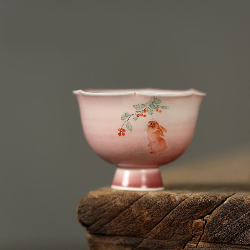 Buddha Stones Handbeschilderd theekopje van keramiek met konijn, orchidee, begonia of Kung Fu Theekopje, 75 ml - Konijn springende bloem 7,3 cm * 5,5 cm * 75 ml - image 1