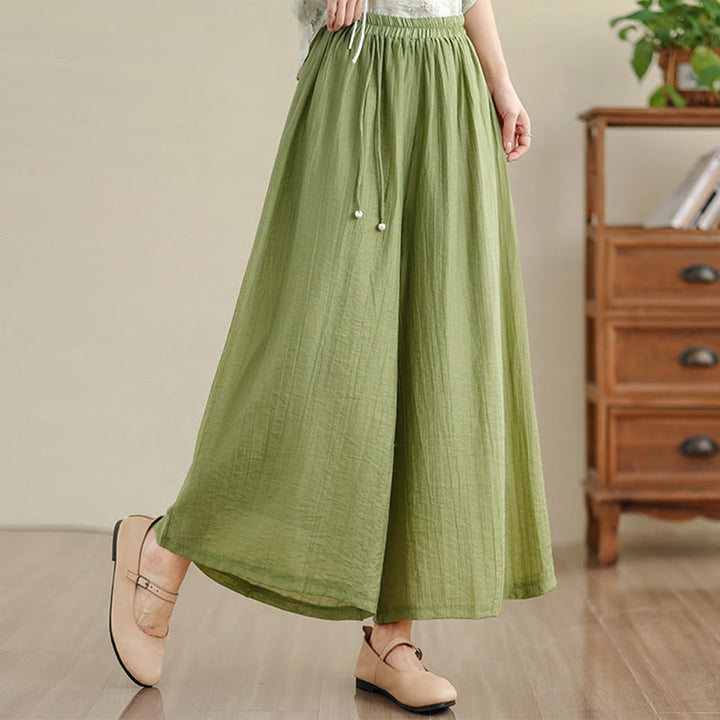 Buddha Stones Capri Cropped broek met wijde pijpen en elastische Taille in effen kleur voor dames. - Geelgroen - US12, UK/AU16, EU44 (3XL) - image 0