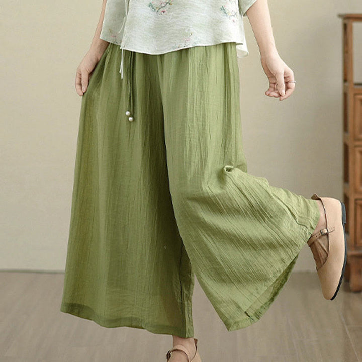 Buddha Stones Capri Cropped broek met wijde pijpen en elastische Taille in effen kleur voor dames. - image 5