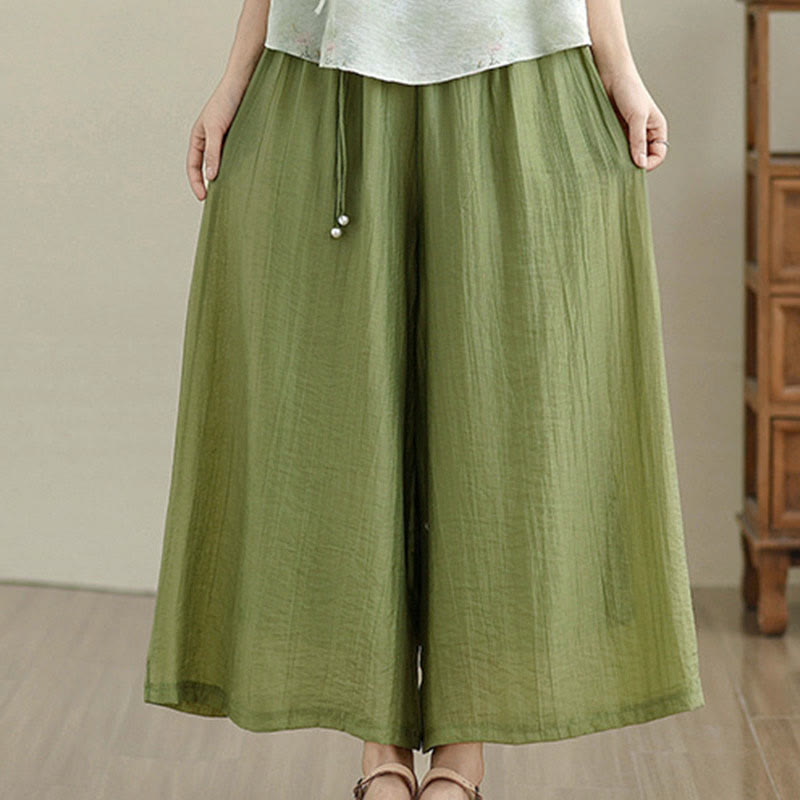 Buddha Stones Capri Cropped broek met wijde pijpen en elastische Taille in effen kleur voor dames. - image 1