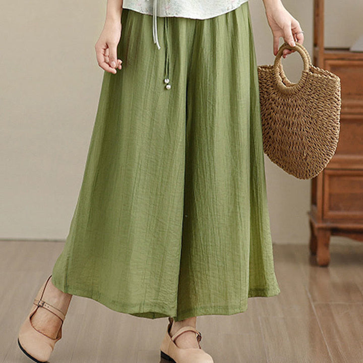 Buddha Stones Capri Cropped broek met wijde pijpen en elastische Taille in effen kleur voor dames. - image 4