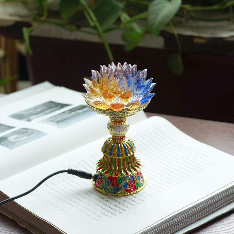 Buddha Stones Lotus Liuli Glazen voetstuk met acht gelukssymbolen, verlichting, huisdecoratie - Lotusbloemen in meerdere kleuren (9*14-16*6,8 cm) - Plug-in - image 1
