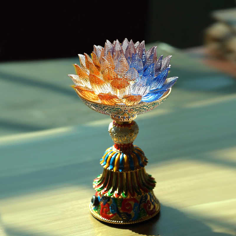 Buddha Stones Lotus Liuli Glazen voetstuk met acht gelukssymbolen, verlichting, huisdecoratie - Lotusbloemen in meerdere kleuren (9*14-16*6,8 cm) - Oplaadbaar - image 0