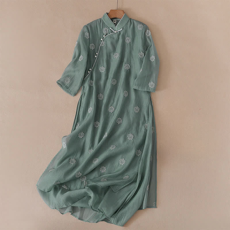 Buddha Stones Maxi jurk met geborduurde bloemen, kikkerknopen, opstaande kraag, zijsplit en Korte mouw - Zeegroen - US8-10，UK/AU12-14，EU40-42 (2XL) - image 0