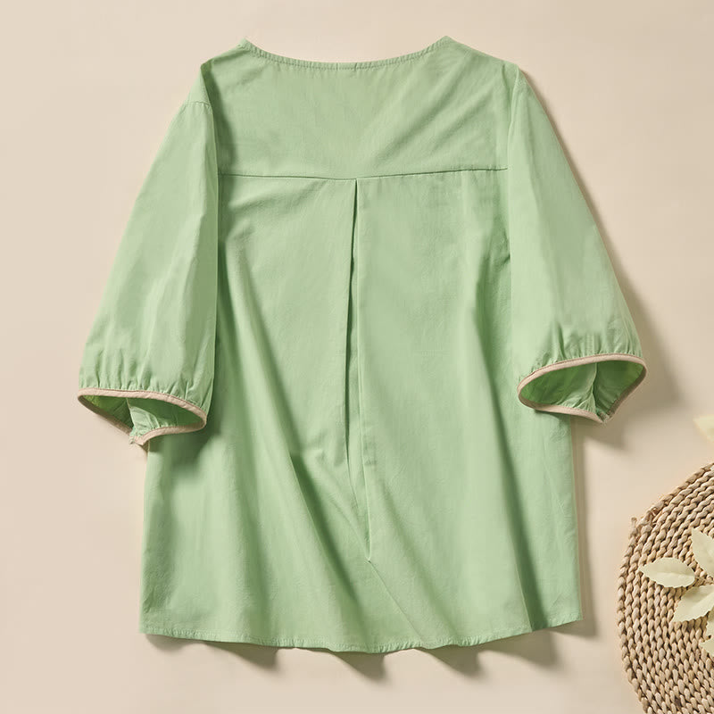 Buddha Stones Casual dames T-shirt met V-hals en Korte mouw, gemaakt van polyester, met bloemen- en bladmotief. - image 1
