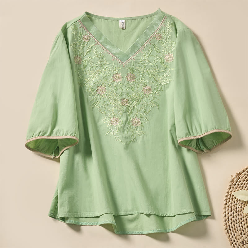 Buddha Stones Casual dames T-shirt met V-hals en Korte mouw, gemaakt van polyester, met bloemen- en bladmotief. - Lichtgroen - US8-10，UK/AU12-14，EU40-42 (2XL) - image 0