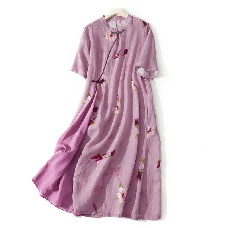 Buddha Stones Zomerse Midi -jurk met Korte mouw en Zakken , ontworpen met een orchideeënbloemenprint en een opstaande kraag. - Lichtpaarsrood - US12, UK/AU16, EU44 (3XL) - image 0