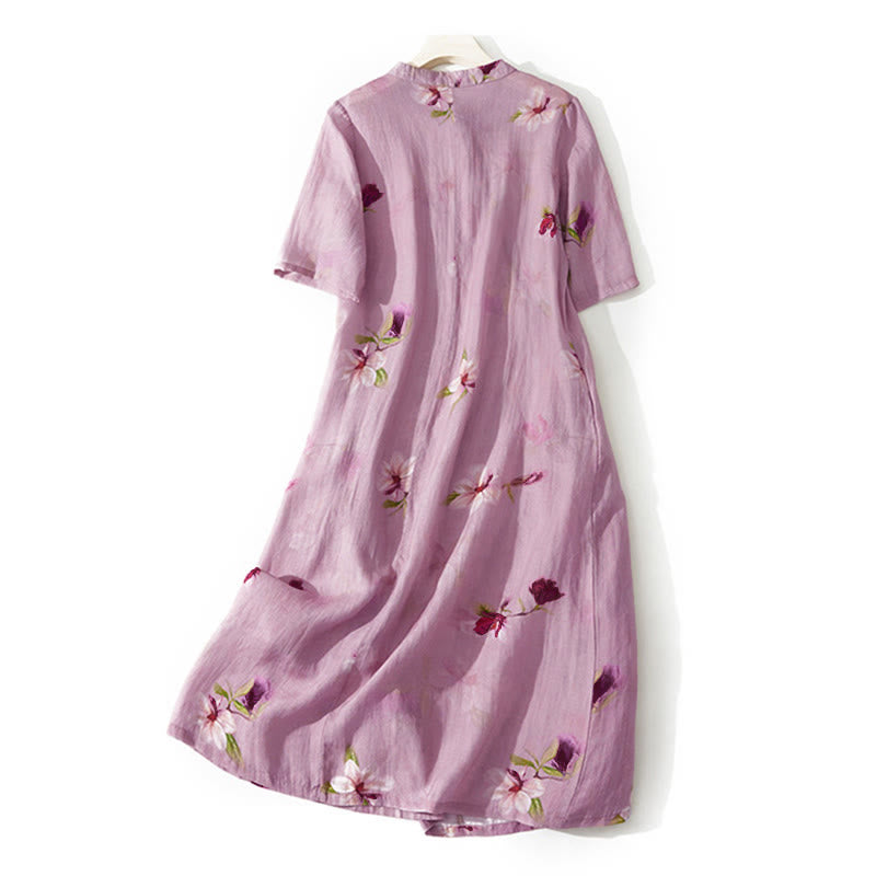 Buddha Stones Zomerse Midi -jurk met Korte mouw en Zakken , ontworpen met een orchideeënbloemenprint en een opstaande kraag. - image 1