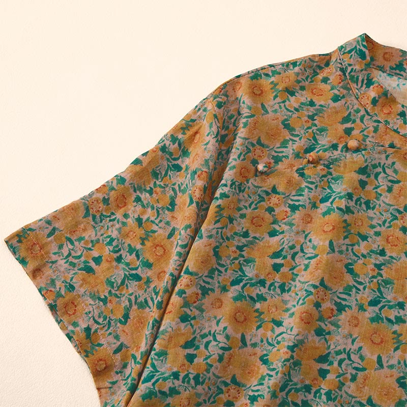 Buddha Stones Zomerse damesblouse met opstaande kraag , Korte mouw en bloemenprint en kikkerknopen - image 1