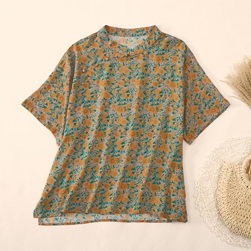 Buddha Stones Zomerse damesblouse met opstaande kraag , Korte mouw en bloemenprint en kikkerknopen - Guldenroede - US12, UK/AU16, EU44 (2XL) - image 0