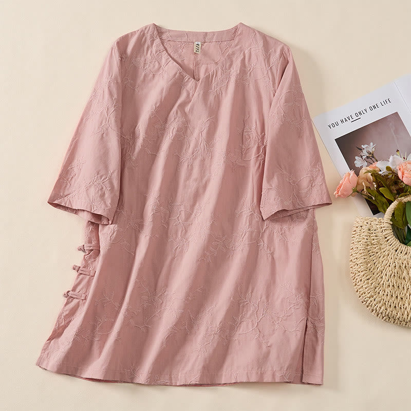 Buddha Stones Lente V-hals shirt met Lange mouw en bladmotief van katoen voor dames - Roze - US8-10，UK/AU12-14，EU40-42 (2XL) - image 0