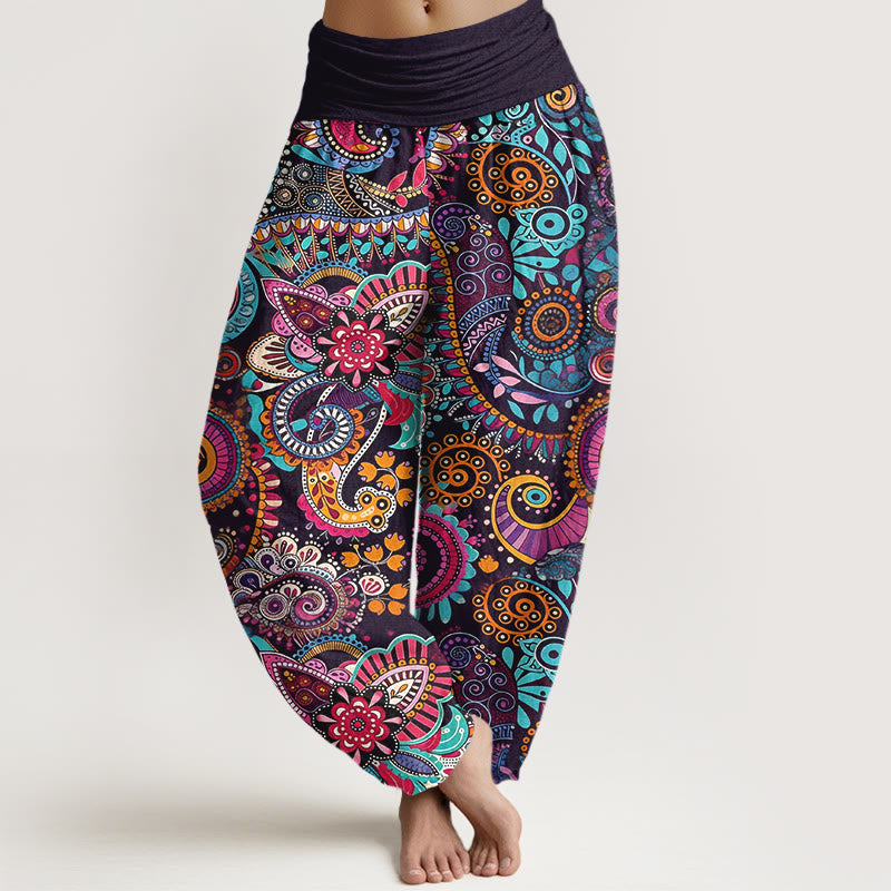 Buddha Stones Katoenen damesharembroek met traditioneel paisley-patroon en elastische Taille - Zwart - US16, UK/AU20, EU48 (3XL) - image 0
