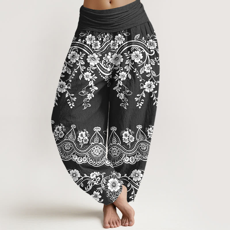 Buddha Stones Katoenen damesharembroek met traditioneel bloemen- en wijnrankenpatroon en elastische Taille . - Zwart - US16, UK/AU20, EU48 (3XL) - image 0