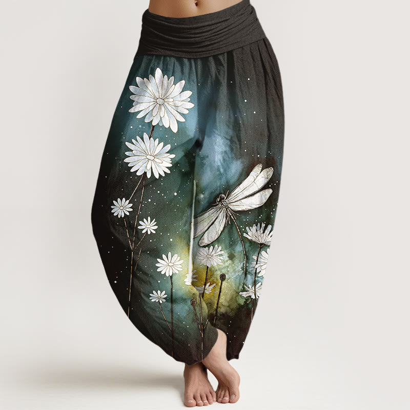 Buddha Stones Dames harembroek met elastische Taille en dromerig madeliefjes- en libellenpatroon. - Zwart - US16, UK/AU20, EU48 (3XL) - image 5