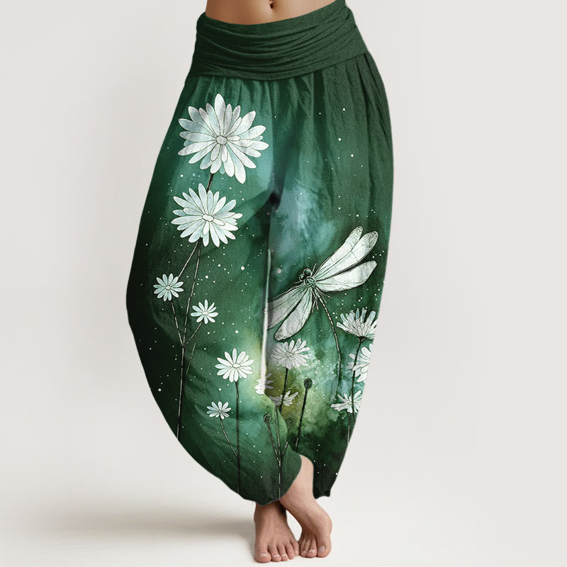 Buddha Stones Dames harembroek met elastische Taille en dromerig madeliefjes- en libellenpatroon. - Donkergroen - US16, UK/AU20, EU48 (3XL) - image 8