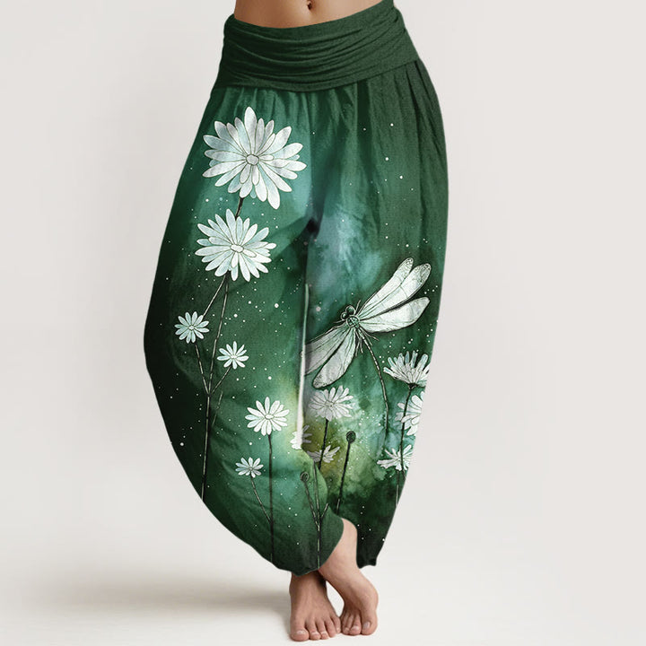 Buddha Stones Dames harembroek met elastische Taille en dromerig madeliefjes- en libellenpatroon. - Donkergroen - US16, UK/AU20, EU48 (3XL) - image 8