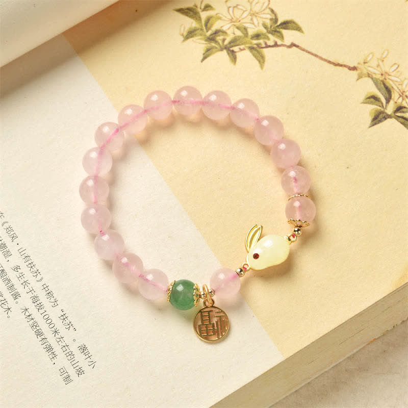 Jaar van het Konijn Natuurlijke Roze Kristal Groene Agaat Konijn Liefde Geluk Armband - image 5