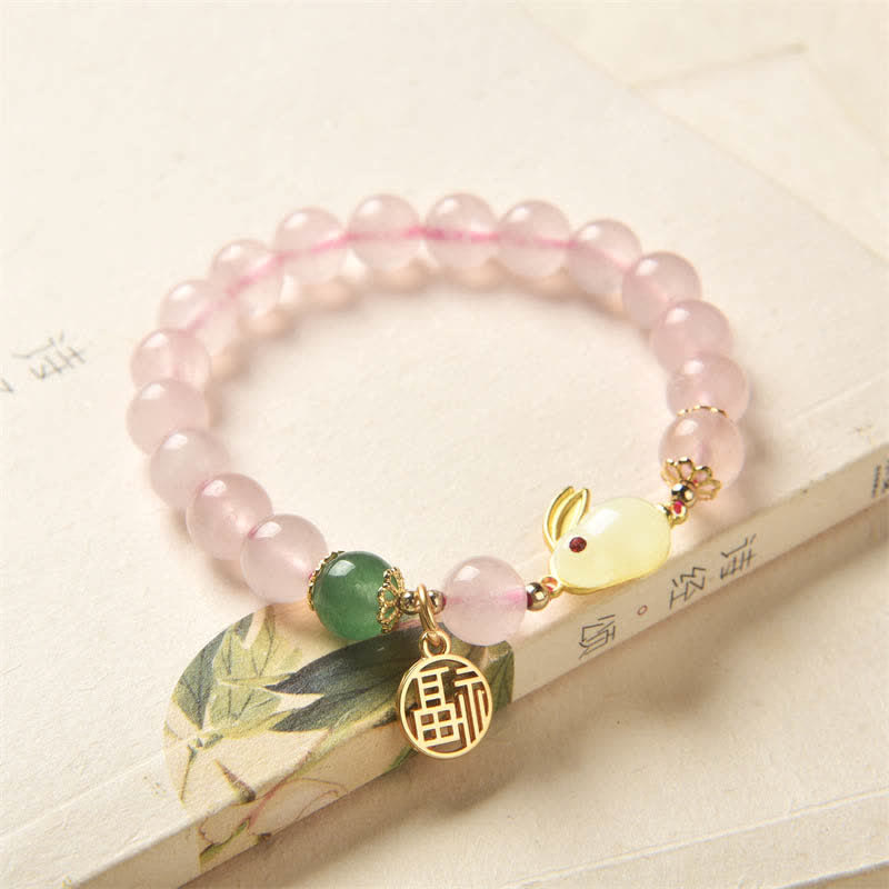 Jaar van het Konijn Natuurlijke Roze Kristal Groene Agaat Konijn Liefde Geluk Armband - image 1