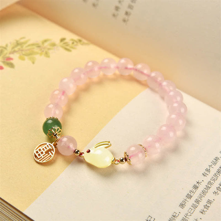 Jaar van het Konijn Natuurlijke Roze Kristal Groene Agaat Konijn Liefde Geluk Armband - image 4