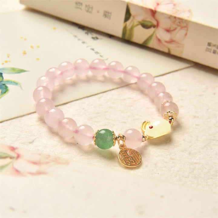 Jaar van het Konijn Natuurlijke Roze Kristal Groene Agaat Konijn Liefde Geluk Armband - image 3