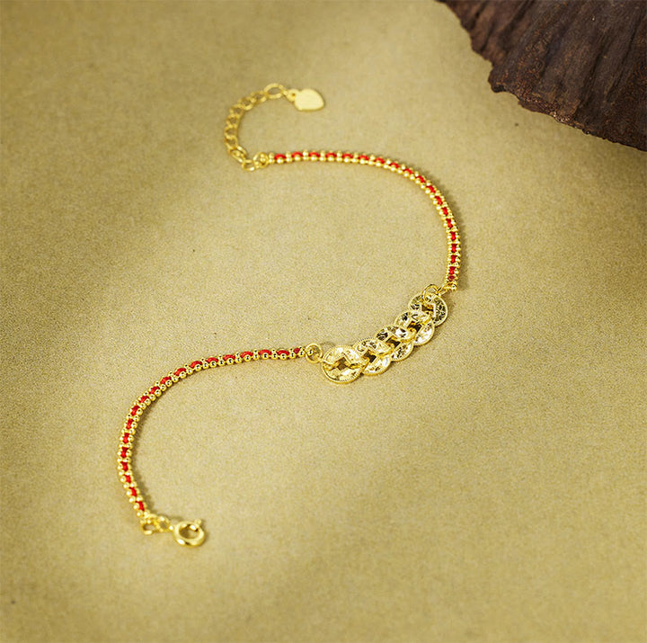 Buddha Stones 925 Sterling Zilveren Vijf Keizersmunten Rode Koord Armband - image 4