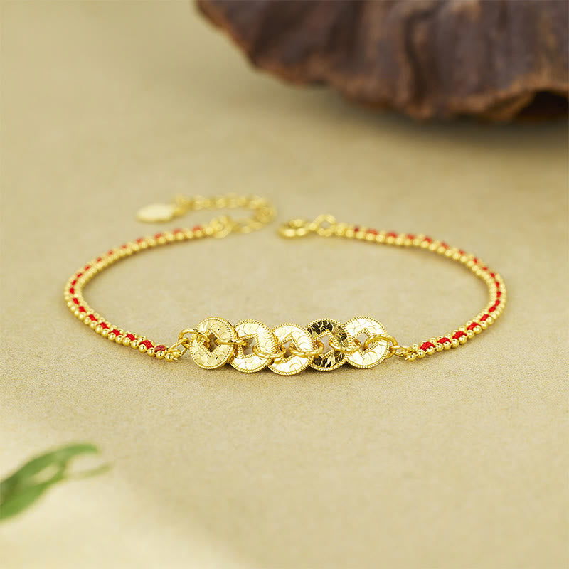 Buddha Stones 925 Sterling Zilveren Vijf Keizersmunten Rode Koord Armband - image 1