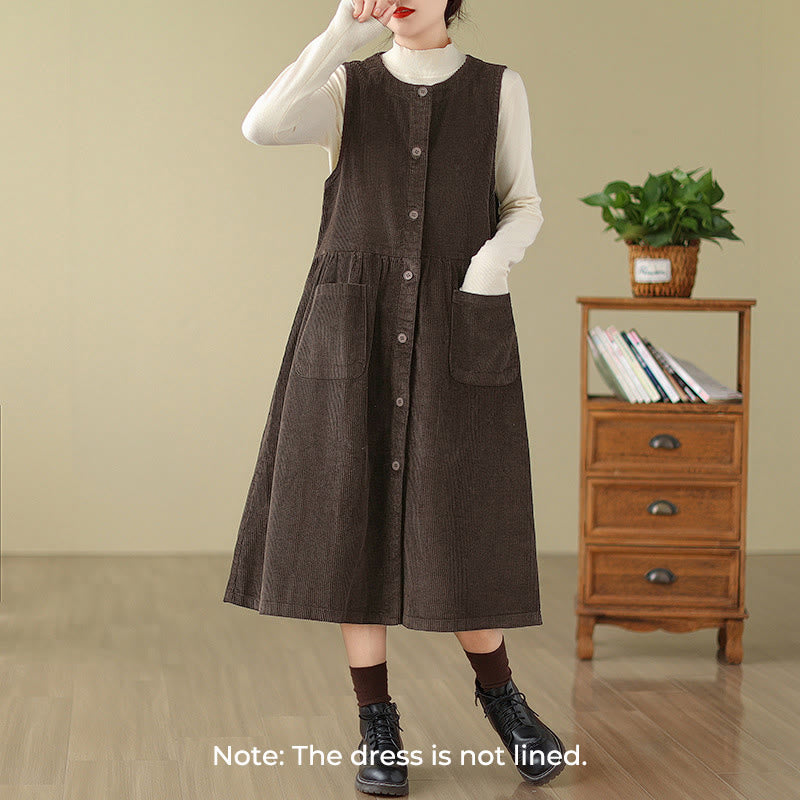 Buddha Stones Mouwloos Midi -jurk van corduroy met retro knoopjes en Zakken voor de herfst. - image 1