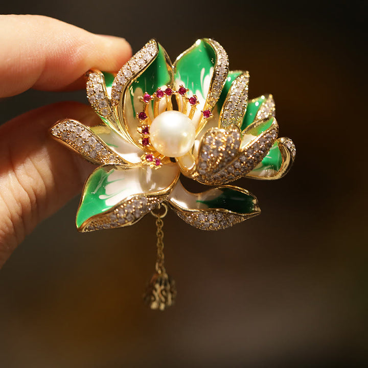 Buddha Stones Lotusbloem Parel Nieuw Begin Koperen Broche - image 1