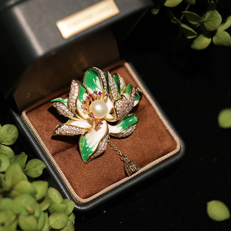 Buddha Stones Lotusbloem Parel Nieuw Begin Koperen Broche - Groen, circa 5,2 x 4,8 cm - image 0