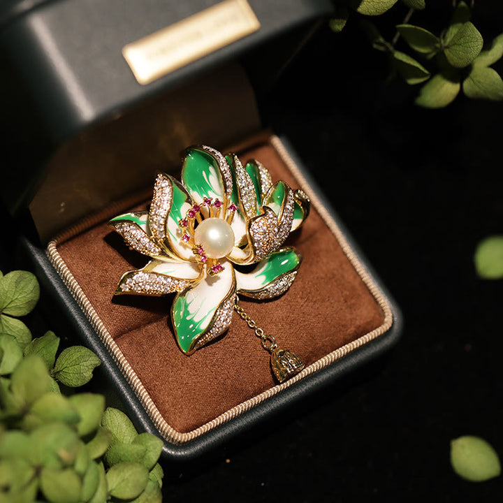 Buddha Stones Lotusbloem Parel Nieuw Begin Koperen Broche - Groen, circa 5,2 x 4,8 cm - image 0