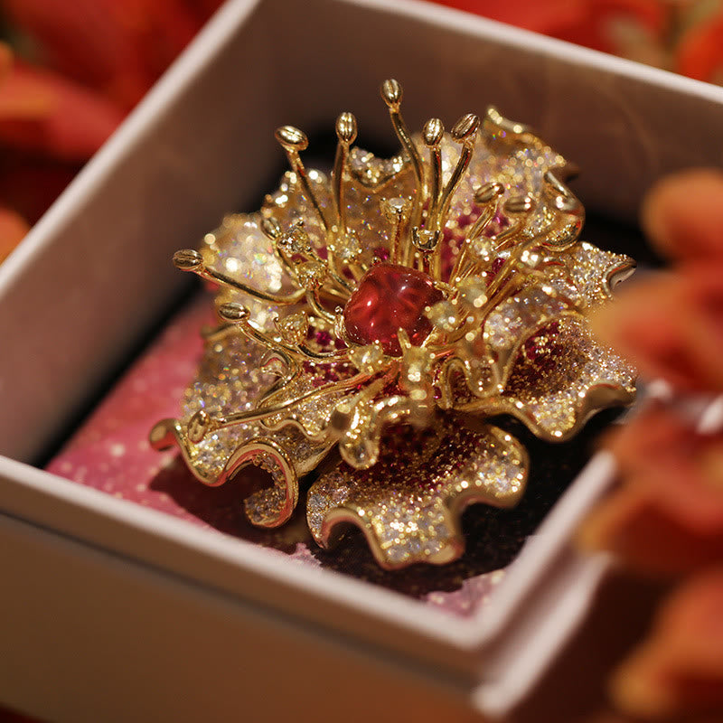 Buddha Stones Koperen Broche met pioenbloemmotief, symbool van voorspoed. - image 2