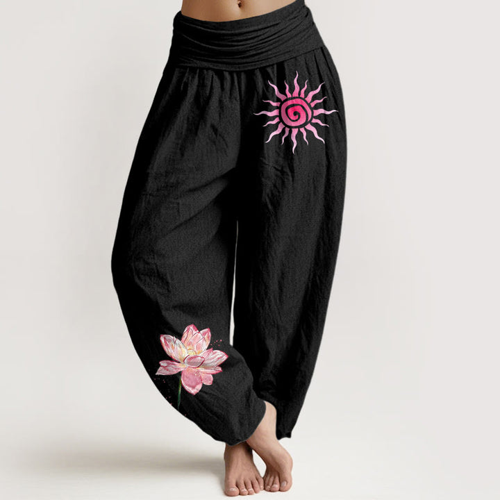 Buddha Stones Dames harembroek met elastische Taille en lotusbloem- en zonnepatroon. - Zwart - US16, UK/AU20, EU48 (3XL) - image 0